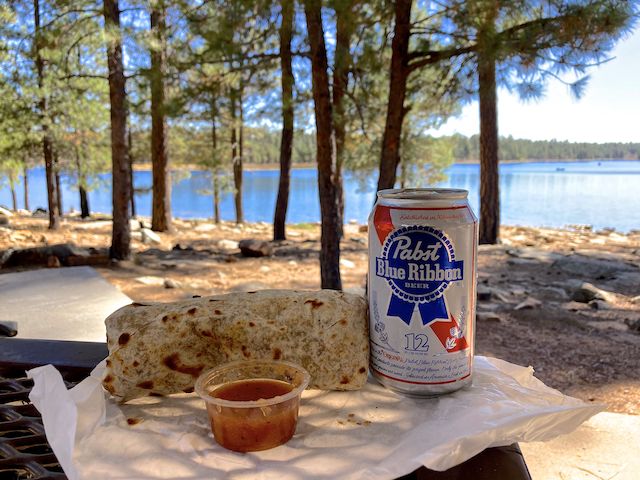 Burrito and (non)-hiking beer at Willow Springs Lake, coutesy of Taqueria La Familia and Pabst Blue Ribbon.