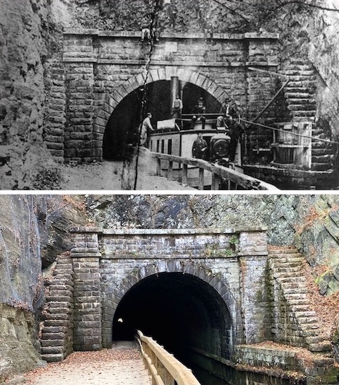 North entrance of Paw Paw Tunnel, then & now. The railing continues, but the boardwalk ends. Note the people above the tunnel: You're not supposed to go up there anymore.