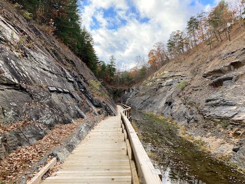 The next 0.2 miles of C&O Canal towpath are a bluff-hugging boardwalk. Bicyclists must walk their bikes from this point forward. Note the stone blocks bolted to the shale bluff, to prevent landslides. There is also chicken wire netting to catch small rock fall.