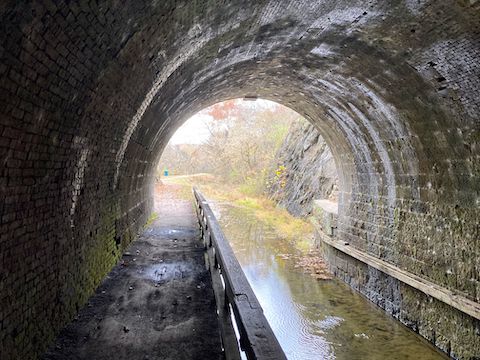 Back to natural lighting at Paw Paw Tunnel's south end. Basically blind most of the way, I made the 3,118 ft. / 0.6 mile distance in only 13 minutes. Then I did it again.