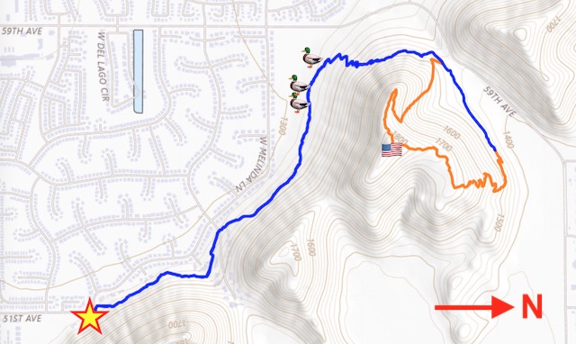 I parked at the yellow star. Coachwhip Trail is blue. Bird blinds are ducks. Arrowhead Point Trail is orange. Arrowhead Point summit is Old Glory. See the GPS file attached below.