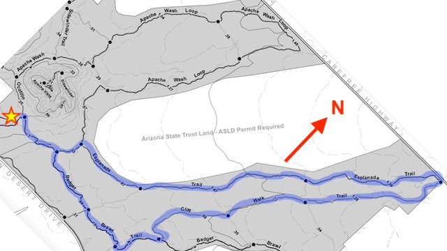 I hiked the Badger Brawl Trail, Cliff Walk Trail, Esplanade Trail and Apache Wash Trail counter-clockwise. Note the north-seeking arrow: I had to rotate the map so it would fit. See the GPS file below.