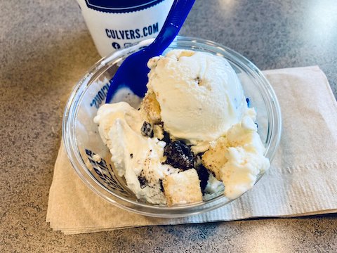 It was 57° when I started, but an unseasonably warm 83° when I finished, so I stopped at Culver’s for post-hike refreshment. Does hiking food get any better than Oreo & cheesecake-flavored custard?