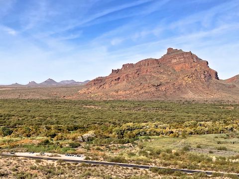 The best view of Red Mountain and the Salt River is about half way down steep & slippery Mine Trail.