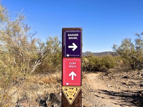 Badger Brawl Trail and Cliff Walk Trail. There are directional signs at every intersection. Some have a QR code; some don’t. Not sure why.