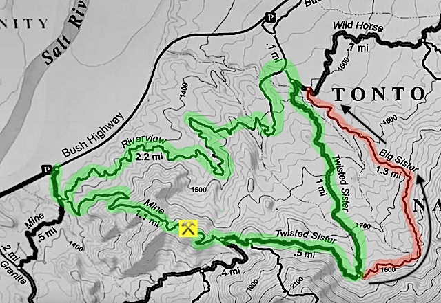 I hiked the green Saguaro Trail #50 - Riverview - Twisted Sister - Mine Trail loop clockwise. I'm too busy writing Christmas cards for a full blog, but then this is a pretty straightforward locals hike.