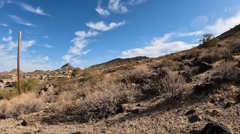 After crossing Weir Wash, I aimed right of this old telephone pole, towards Ludden Mountain's northeast spur. (GoPro screen cap)