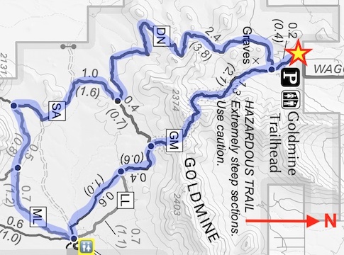 I hiked the Dynamite - San Tan - Moonlight - Goldmine Loop counter-clockwise, saving the steep parts for last. Download the GPS route at the link below.