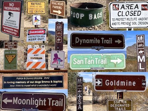 There's so many signs in San Tan Mountain Regional Park it's hard to get lost. Many of the benches double as memorials. The dog poop bins are a brilliant idea!