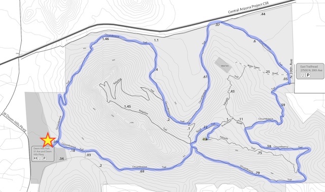 From the west trailhead, on Deem Hills Pkwy., I hiked Circumference Trail counter-clockwise. After five miles, I diverted onto Basalt Trail and Palisade Trail, to the "summit" of Hill 1893.