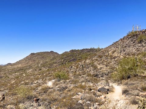 Circumference Trail drops 250 ft. in the next mile, twice intersecting Palisade Trail, as it meanders around the southeast part of Deem Hills. As it turns northwest, Hill 1893 (middle) comes back into view. 