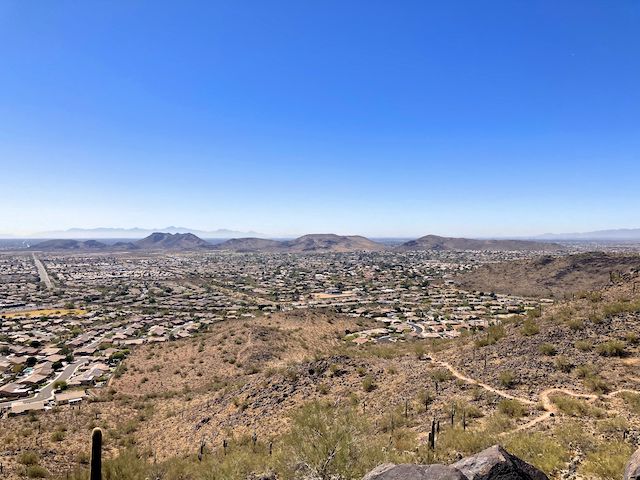 Looking southwest, towards Thunderbird Park and, beyond that, the Sierra Estrella. The Circumference Trail / Basalt Trail saddle is lower right. It was a toasty 86℉ when I finished hiking at 12:30, so I stopped at Mickey D's for a large fries with extra salt.