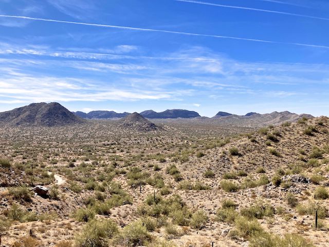 Looking south, back down Goldmine Trail. The dark formation in the distance is the Malpais Hills.