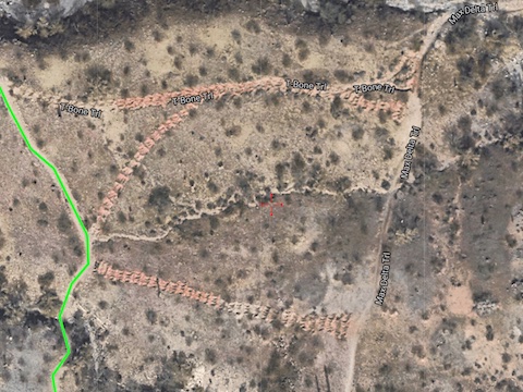 The hatched, light red, lines are remediated trails, including T-Bone Trail (top). Green is Crosscut Trail. Right is Max Delta Trail.