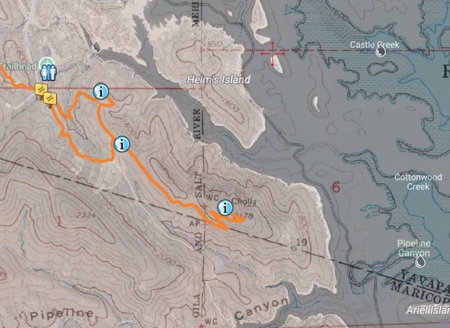 I overlayed a 50% transparency of a contemporary satellite photo (~1700 ft. el.) on a topo of Lake Pleasant's pre-1994 fill level (1600 ft. el.) so I could see what mountains New Waddell Dam turned into islands. My route is orange. The yellow signs are trail junctions. The (i) symbols are memorial benches.