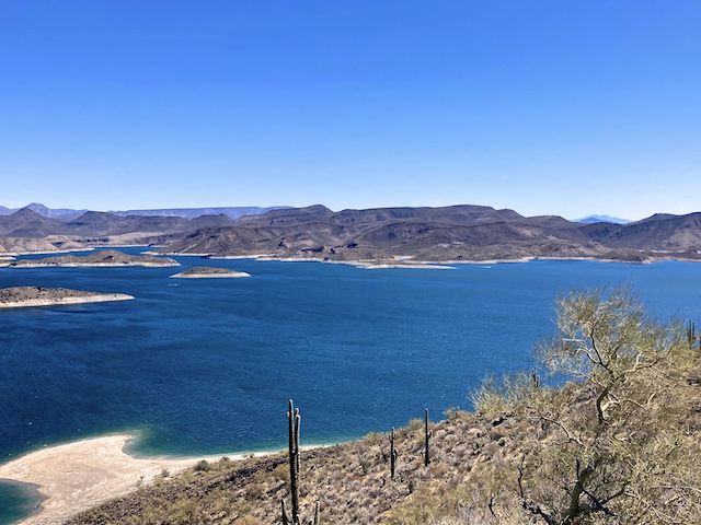 Looking east across Lake Pleasant from the top of Yavapai Point. On the left are Balance Rock Island, Horse Island and South Barker Island (front-to-back). The 1944 B-25 / AT-6 plane crash site is up the inlet directly east of Horse Island's south tip.