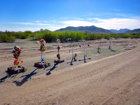 On Salome Highway, at its intersection with 395th Ave., just south of Tonopah, near Winters Wells. A regular deadman’s curve, there were eleven roadside memorials, from at least five different accidents, within 100 yds. of each other!