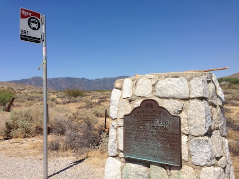 Historical Landmark No. 304 at the corner of CA-78 and San Diego County Highway S2: "19 Miles. Vallecito-Butterfield Stage Station. One of the chief remaining landmarks of famous old stage line. Coaches and spring wagons carried passengers and mail. Stations were built at 20-mile intervals. The first stage on the line left St. Louis on September 15, 1858."