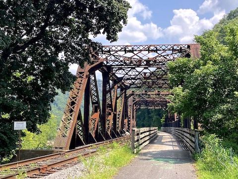 This wood-decked steel truss bridge spans U.S. Route 40 at Maryland Route 36.
