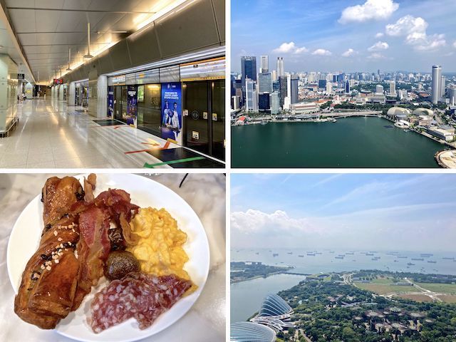 Clockwise from upper left: 1) Pay attention New York! No pooping, no stabbings, no one getting their ass eaten, no one on fire. 2) Atop Marina Bay Sands SkyPark Observation Deck, looking northwest, across Singapore. The Formula 1 track is just visible on the right (panorama). 3) Looking southeast, towards hundreds of ships in the harbor. 4) JW Marriott Executive Lounge buffet breakfast.
