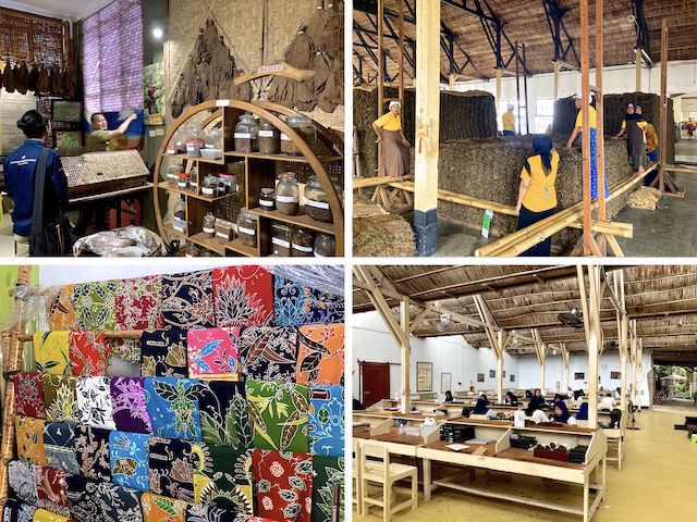 Clockwise from upper left: 1) Museum Tembakau Jember. Riky on the left. 2) Heating & pressing tobacco at BIN Cigar. Labor is exclusively female. 3) Tobacco selection & cigar rolling is skilled work. Not sure what I said, but I made one of the ladies laugh. 4) Beautiful fabric at the batik shop — all manually wax-resist dyed.