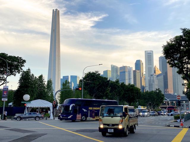 Opposite Esplanade MRT station, and resembling four 70 m. (230 ft.) chopsticks, the Civilian War Memorial, is dedicated to Chinese, Eurasian, Indian, and Malay civilians killed during Japan's World War II occupation.