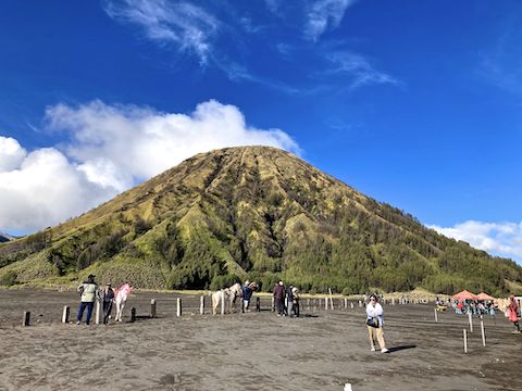 Pony vendors, food stalls, and tourists, two hours after sunrise, at Gunung Batok in the Sea of Sand. Gunung Batok is a legal climb of 1,100 ft., with great views of Mount Bromo's crater.