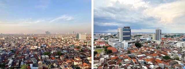 Left: Looking southwest from the JW Marriott Surabaya, towards 10,955 ft. Mount Arjuno-Welirang, 34 miles away (left of those dark skyscrapers). Mount Arjuno-Welirang is also visible from Bukit Cinta. Right: Looking northeast from the hotel, towards Madura Island.