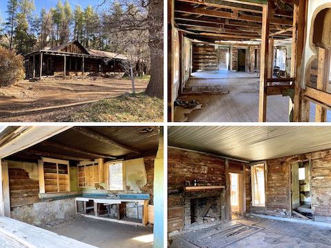 Apache Maid Mountain: T-Bar Ranch, clockwise from upper left: outside, living room, den and kitchen.