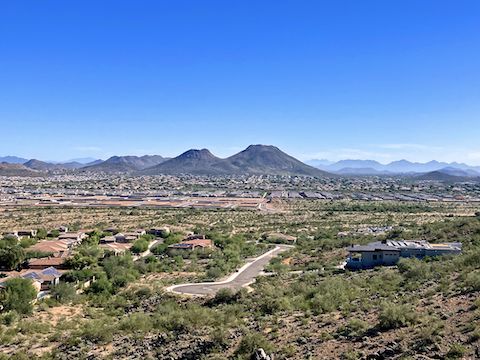 Peoria Sunrise Mountain Preserve: Ludden Mountain, viewed from the bottom of the Saguaro Family Loop switchbacks. Deem Hills (left); Four Peaks and McDowell Mountains (right), in the distance.