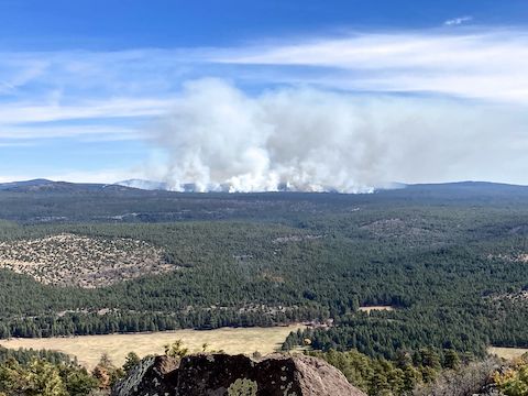 Apache Maid Mountain: Looking across the Rocky Gulch prairie, towards the prescribed burn. The fire tripled in size the past hour.