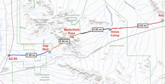 Butterfield Stage Trail: Today I biked 4.3 miles from AZ-238 to the de Anza Registry, then the orange segment over Butterfield Pass, past Fortymile Desert Tank, to Gap Well, for a total of 11.1 miles.