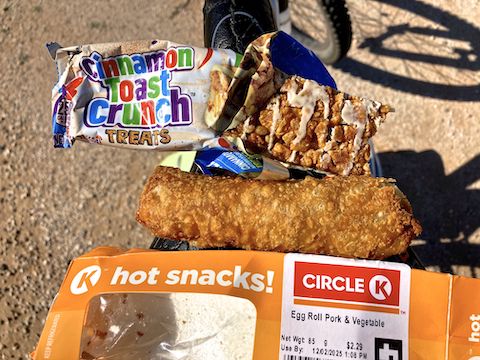 Butterfield Stage Trail: An egg roll, and Cinnamon Toast Crunch bar, is solid hiking food. Or, I guess, biking food. Unfortunately, the bar later fell out of my unzipped pocket.
