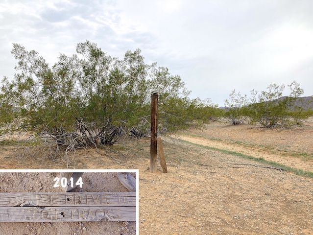 I neglected to take any photos of the terrain or Butterfield Stage Trail, but this should give you an idea of what riding cross-country is like. The wood post once held the "Don't drive on wagon tracks" sign. In 2014, it was already on the ground. Now, it is gone.