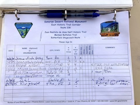 Butterfield Stage Trail: I didn't pick up on this at the time, but unlike 2014, the BLM ranger had not paid a visit to the de Anza registry this month and there were multiple vehicle visits.