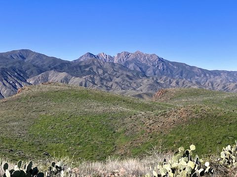 Looking from Vineyard Mountain's summit, west to Four Peaks.