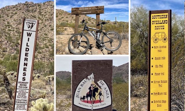 1) Wilderness sign. 2) Butterfield Trail Campsite is almost two miles west. 3) Southern Overland Route, aka Gila Trail, Pioneer Trail, Mormon Battalion Trail, Forty-Niners Trail, and Butterfield Stage Route. 4) Juan Bautista de Anza National Historic Trail Reuleaux triangle (a shape also found on the General Crook Trail).