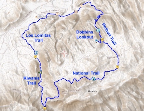 South Mountain Park: From Dobbins Lookout, I hiked a clockwise loop of Holbert Trail, National Trail, Kiwanis Trail, Los Lomitas Trail, and the remainder of Holbert Trail.