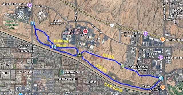 Reach 11 Trail E211S follows the CAP Canal east, from Tatum Blvd. to Scottsdale Rd. Trail E211N, is the north half of the loop, skirting various developments, including Mayo Clinic.