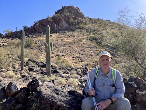 Ludden Mountain: The south side of the draw pitches up, gaining 221 ft. in 0.15 mi. -- a 28% slope. (Black Mountain is only 21%.) Just above a small boulder field, I bumped into a stone "fort" / shelter. If you test them first, boulders actually provide useful foot brakes. Behind me, I used momentum to avoid backsliding on pebbles.