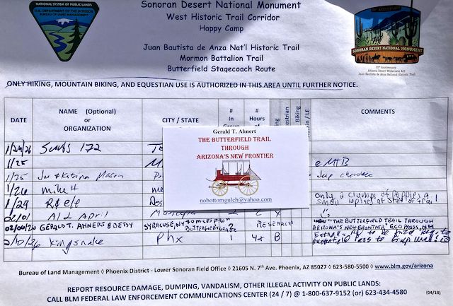 Happy Camp / Fortymile Desert Tank registry. The "only hiking" warning is no longer true. I knew Gerald T. Ahnert was the Butterfield Stage Trail expert in Arizona (buy his book), but I had no idea he was actually from New York. Wish I bumped into him!