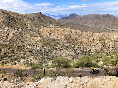 South Mountain Park: Looking down at Kiwanis Trail (in the near canyon) and, across the valley, at Maricopa Peak. Goat Hill is the knob on the left. Sierra Estrella in the distance.