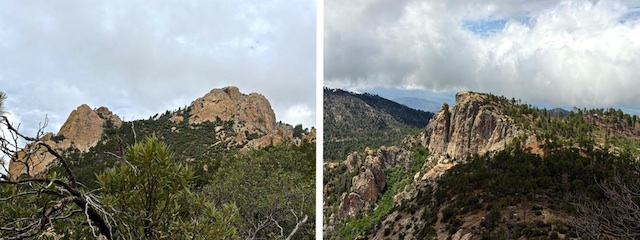 Barnum Rock: false summit, saddle & true summit (left). Looking back south from Leopold Point (right).