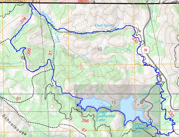 Counter-clockwise, from the southeast corner of Upper Goldwater Lake, Prescottstyle and I hiked Goldwater Lakes Trail #396, Feldmeier Trail #330, Banning Creek Trail #81, Hidden Valley Trail #374, another bit of #396, Forest Road 61, Lower South Shore Trail, and finally Upper South Shore Trail.