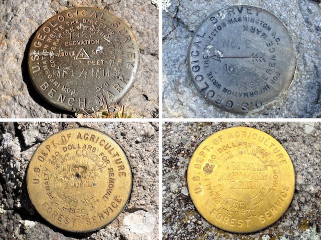 Top Row: Dutton Hill benchmark and reference mark no. 2. Bottom Row: Dutton Hill and Sliker Hill visible area map points. Sliker Hill had no other marks.
