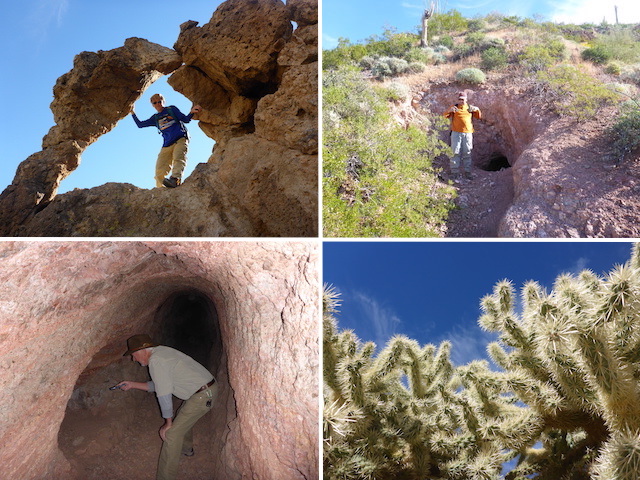 trekkin_gecko in a Garden Valley arch (upper left). MinerMike outside a mine entrance (upper right). AZLumberjack inspecting a winze (lower left). Closeup of a cholla (lower right).