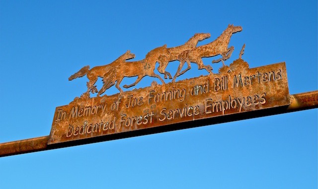 Bronco Trailhead memorial In memory of Joe Fanning and Bill Mertens, Dedicated Forest Service Employees".