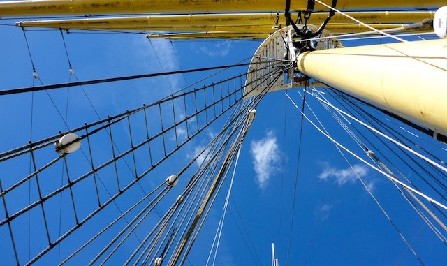 Looking up at the rigging of the barque Glenlee.