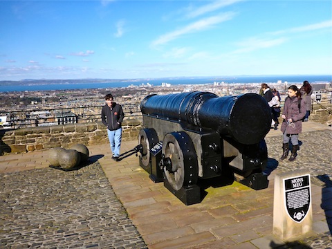 Mons Meg, a 20"/510mm cannon built in 1449, aimed towards the Firth of Forth.
