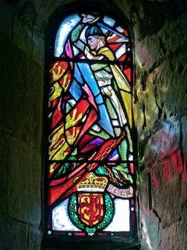 Stained glass window in 12th Century St. Margaret's Chapel, the oldest building in Edinburgh.